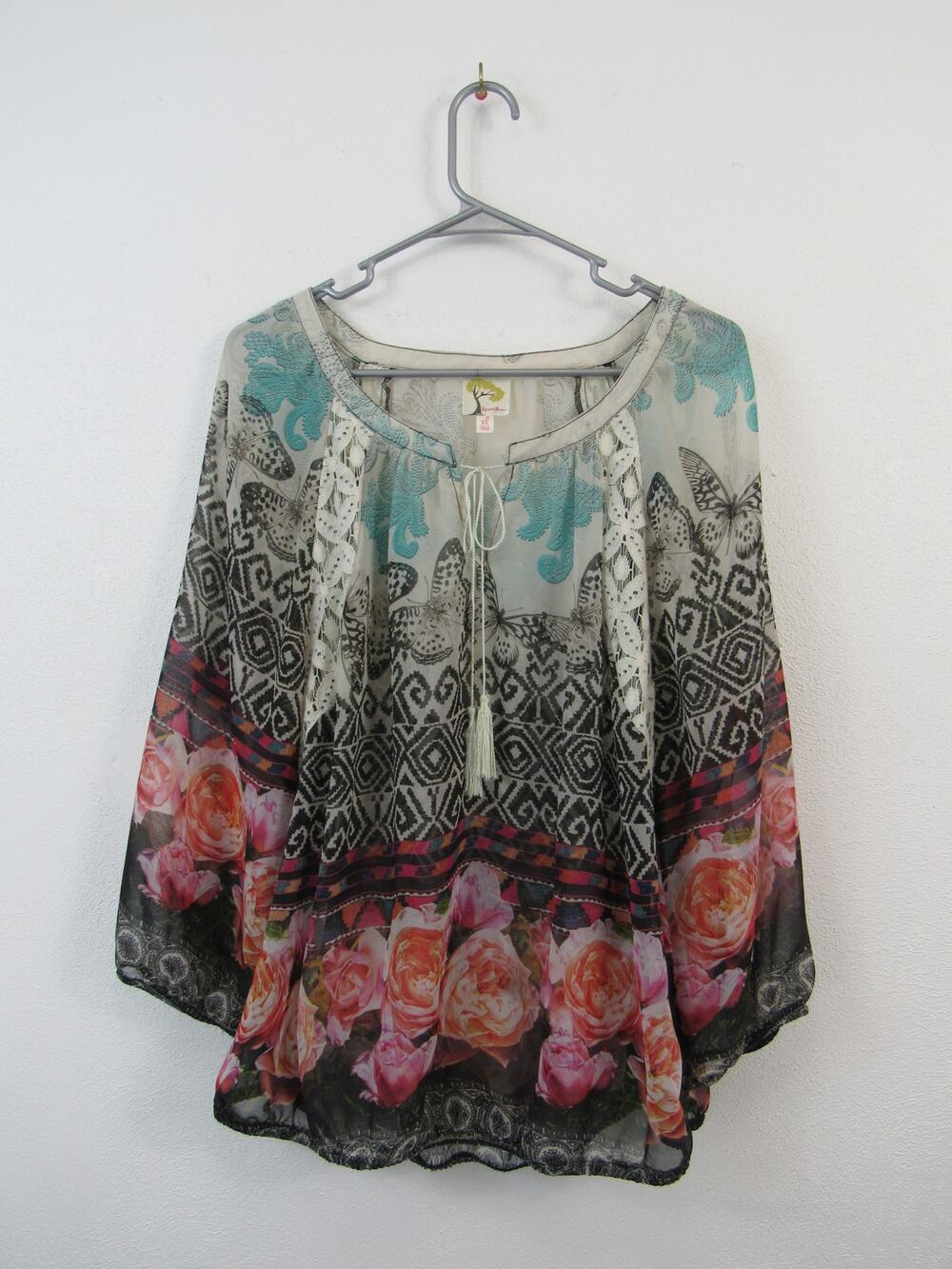 Fig & Flower XL Multicolor Sheer Floral Blouse Butterflies Roses Boho Peasant